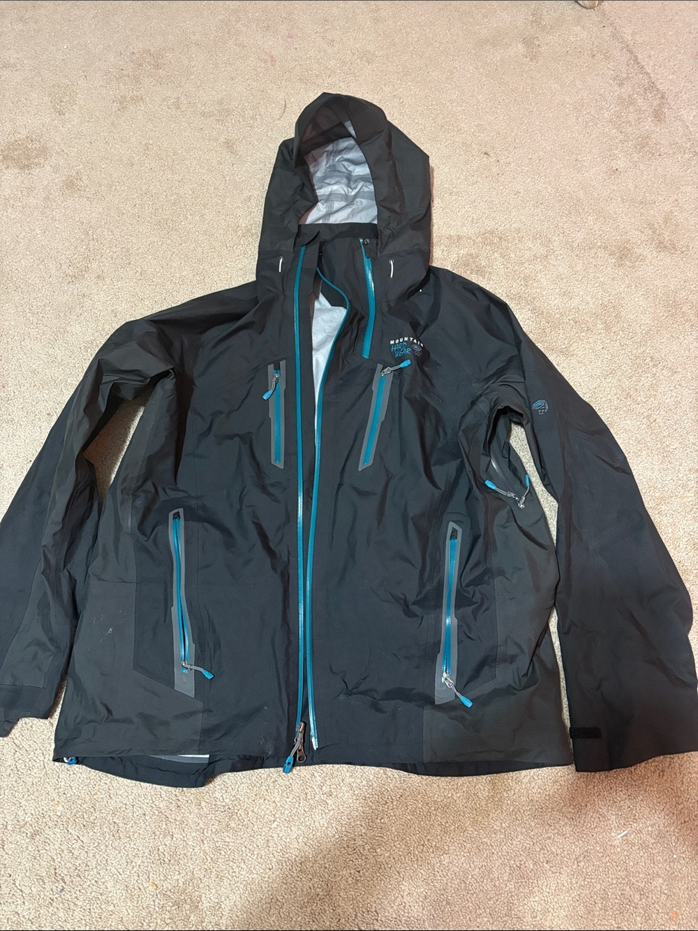 Black Hooded Shell Jacket with Teal Zippers